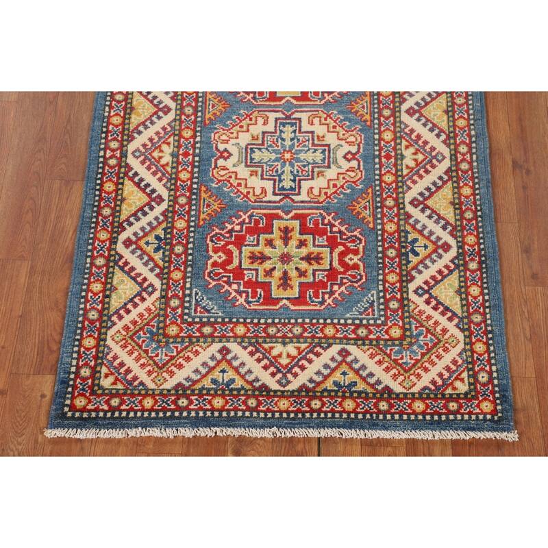 Blue Geometric Kazak Foyer Rug Hand-Knotted Traditional Wool Carpet - 2'10" x 4'1"