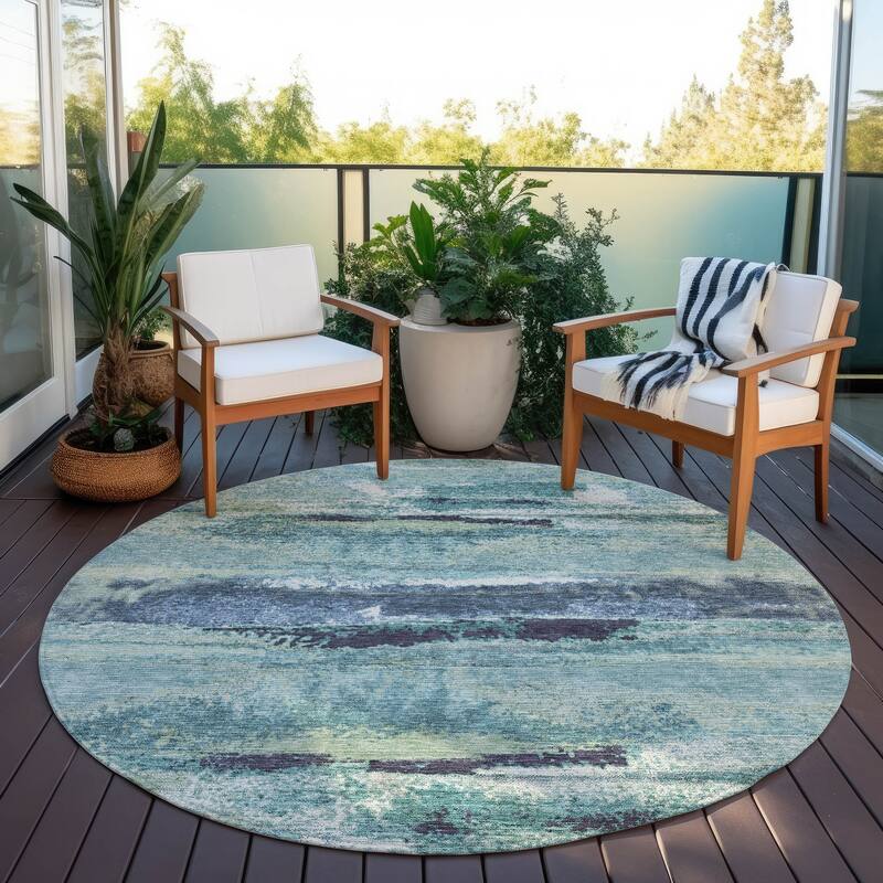 Machine Washable Indoor/ Outdoor Abstract Modern Chantille Rug - Aloe - 8' x 8'