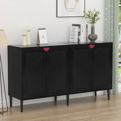 4 Door Wide Black Buffets and Sideboards Console Table Rattan Accent Storage Cabinet with Adjustable Shelf Credenzas