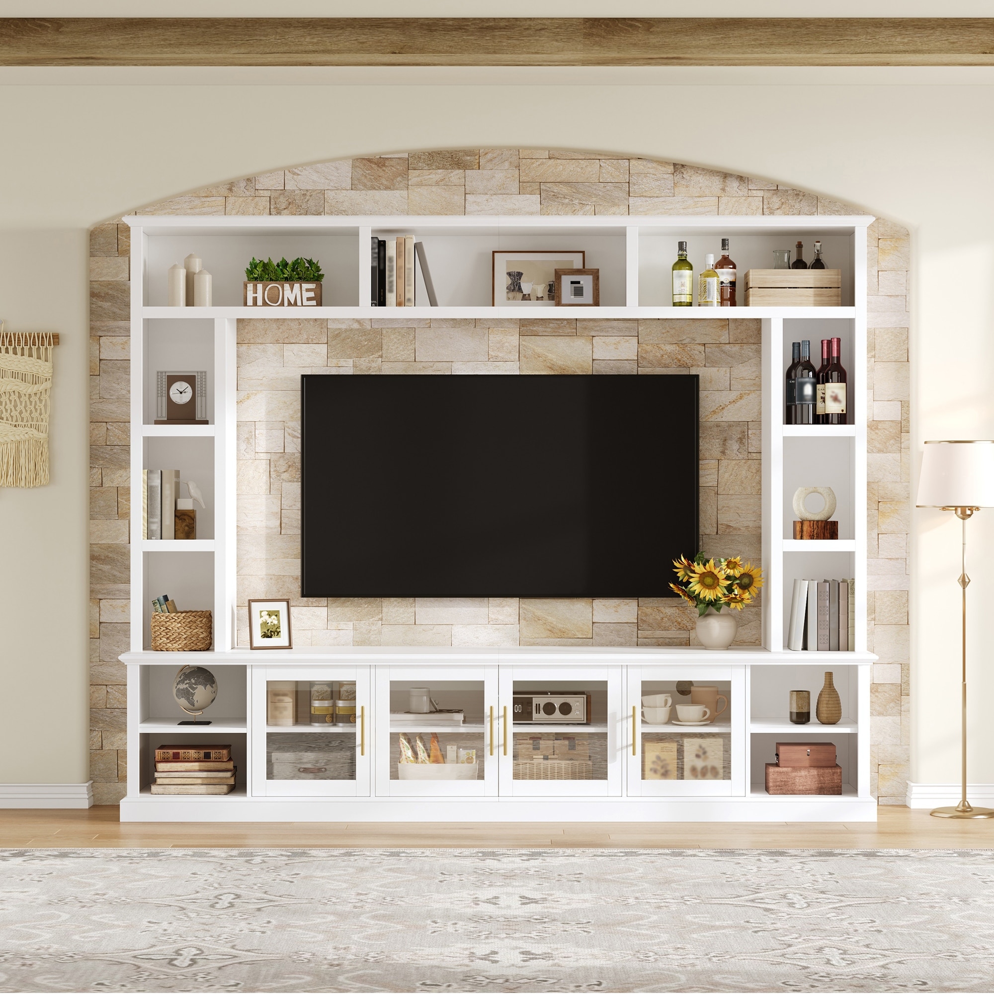 Entertainment Center Wall Unit for TVs up to 80",All-in-One Modern Entertainment Center with Bookshelves & Tempered Glass Doors