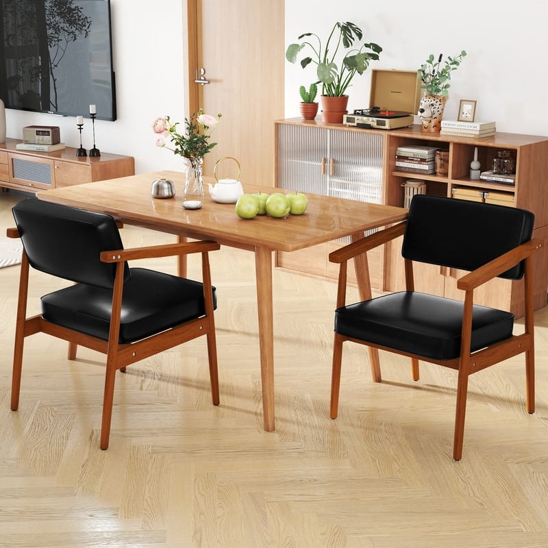 Walnut Faux Leather Upholstered Dining Chair Padded Armchair Solid Wood Open Back