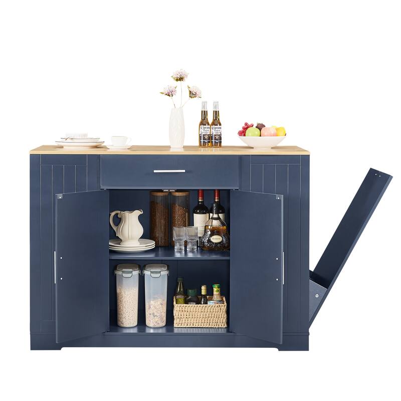 Kitchen Island with Hidden Trash Can, Multi Functional Mobile Island Table, Breakfast Bar with Drawer & Adjustable Shelves