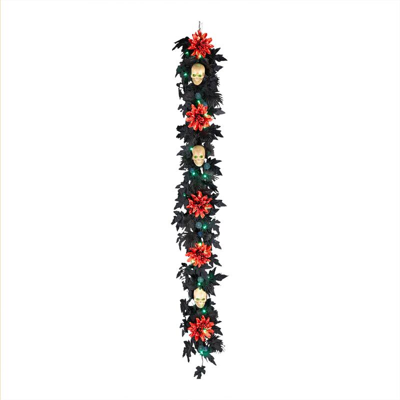 National Tree Company 6 ft. Artificial Boo-tiful Halloween Garland with Orange Florals and White Skull, 30 Green LED Lights