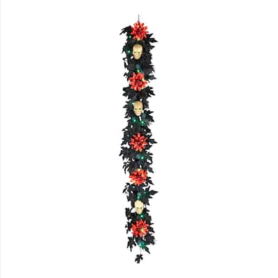 National Tree Company 6 ft. Artificial Boo-tiful Halloween Garland with Orange Florals and White Skull, 30 Green LED Lights