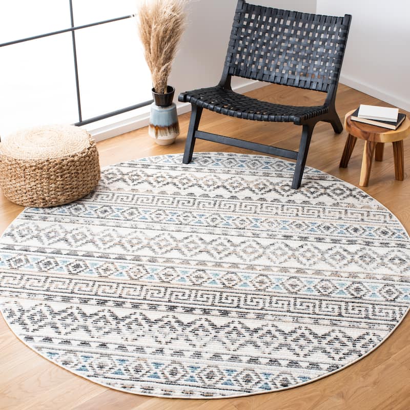 SAFAVIEH Sedona Elmire Boho Tribal Fringe Rug - 4' Round - Ivory/Grey