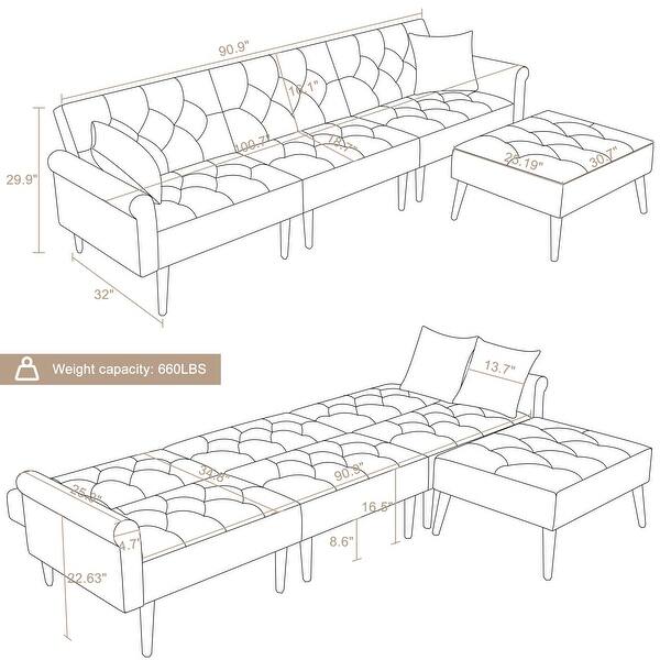 Modern Sectional Couch Futon Sofa Bed with Ottoman Velvet Couch Sleeper