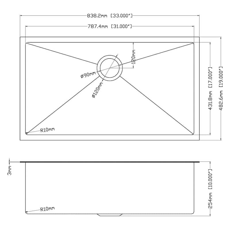30"/32"/33" Undermount Stainless Steel 16Gauge Kitchen Single Bowl Sink - 33" x 19" x 10"