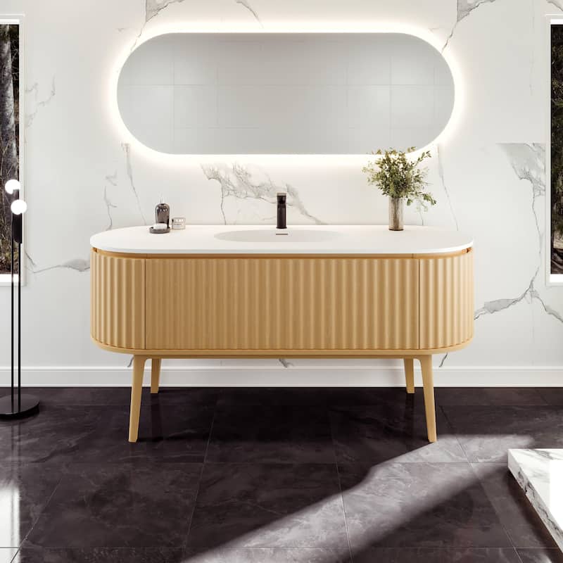 Haven 64"W Oak Freestanding Vanity with Solid Surface Integrated Sink Top