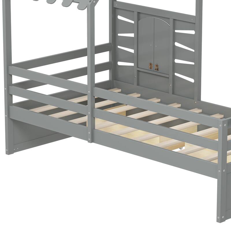 Twin Size House Bed with Guardrails, Storage Drawers, Roof, and Window Design