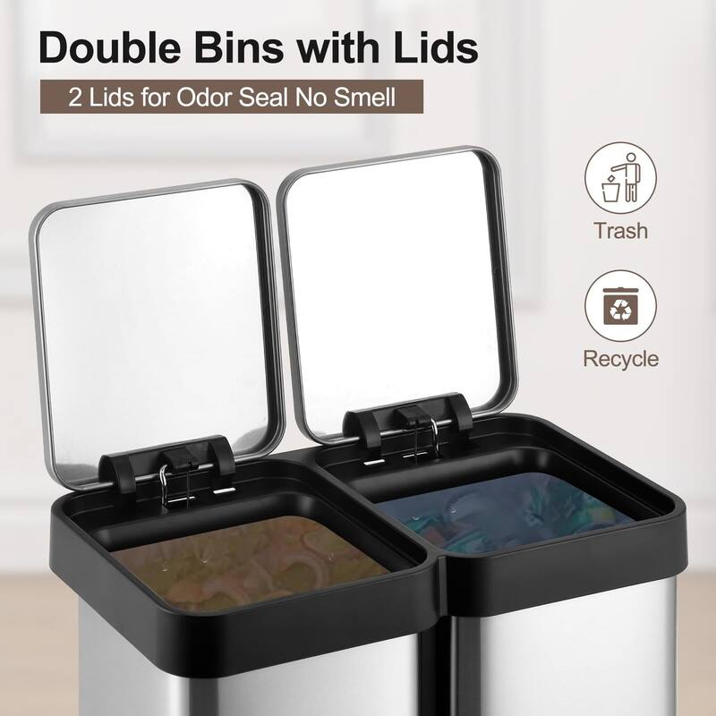 Large Capcity Dual Trash and Recycling Bin, Fingerprint Proof Stainless Steel Kitchen Garbage Can