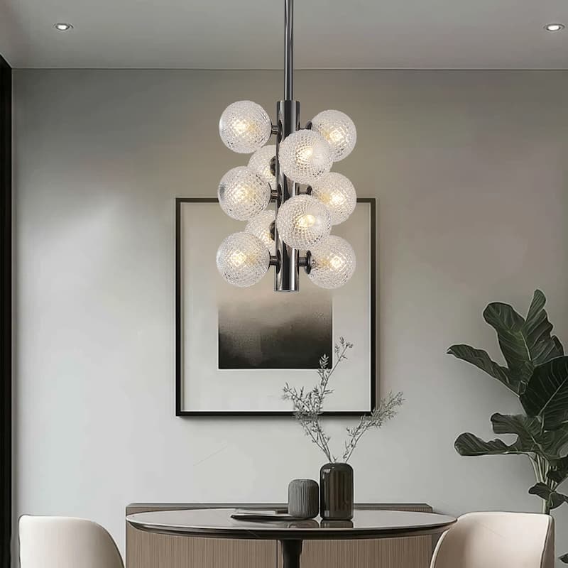 10 Light Sleek Black Metal Chandelier with Transparent Rippled Glass Globes, Adjustable Height - Matte Black