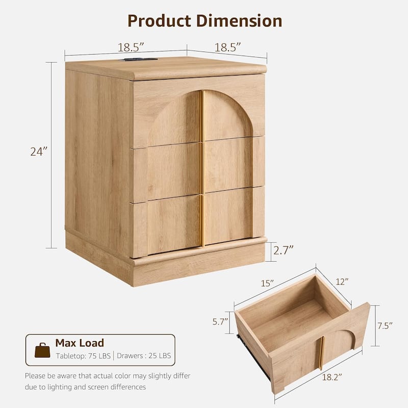 Modern Arched 3 Drawers Nightstand with Charging Station, Side Table