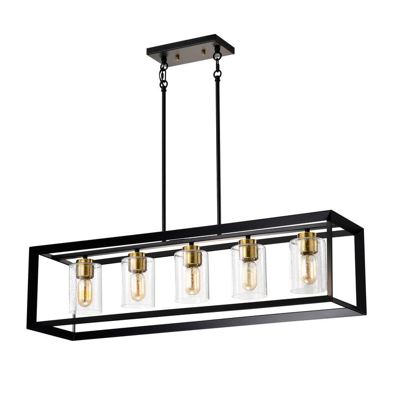 5-Light Matte Black and Gold Rectangular Kitchen Island Light with Glass Shades