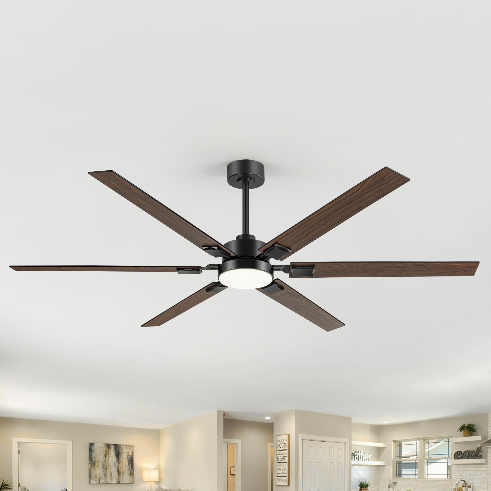 Large 72 Inch 6-Blade Integrated LED Ceiling Fan with Light Remote and Downrod