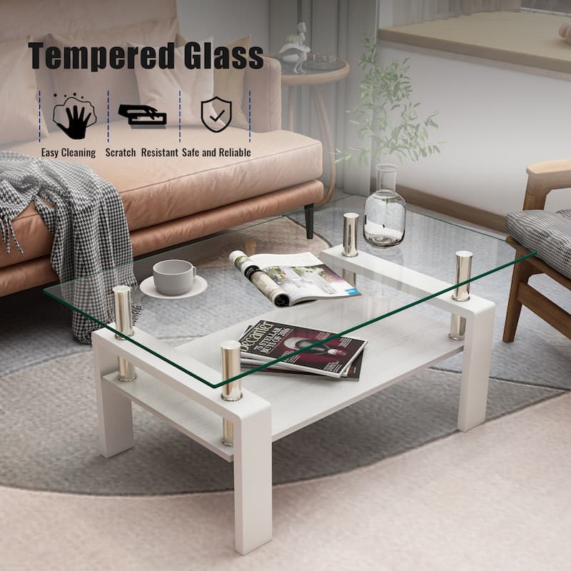 Rectangle Coffee Table, Tempered Glass Tabletop with MDF Layer, Modern Table for Living Room