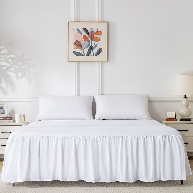 White 16" Ruffled Bed Skirt, Cotton Blend, Queen, King Sizes - Queen