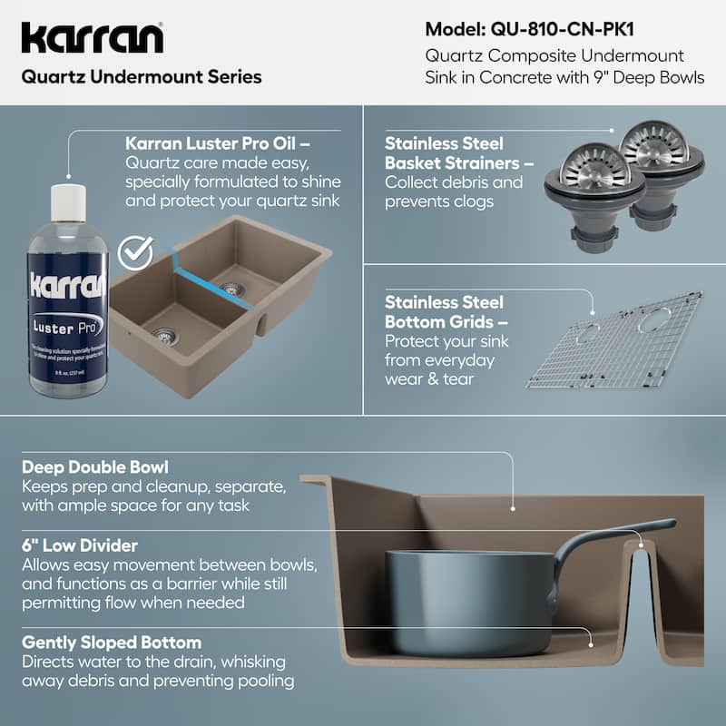 Karran 32" Undermount Double Equal Bowl Quartz Kitchen Sink Kit - 32" x 19.5" x 9"