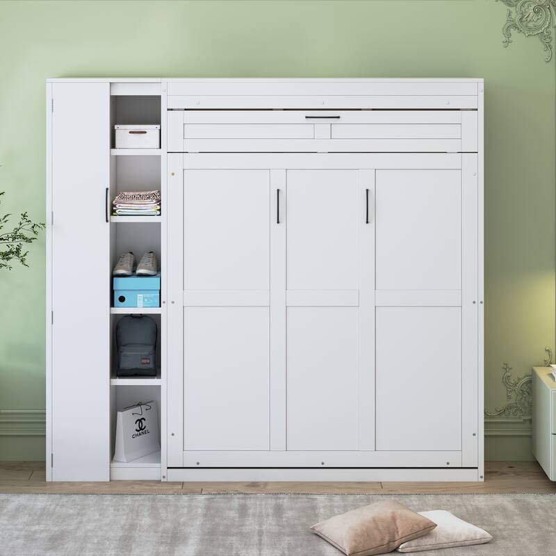 Space-Saving White Murphy Bed with Shelves, Wardrobe & LED Lights - Full Size - White