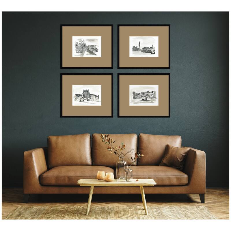 Kate and Laurel Vintage Europe 4 Piece Framed Wall Art Print Set by Teju Reval Brown Mat