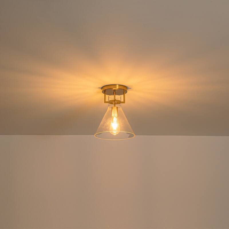 9.8" 1-Light Mid-Century Modern Brushed Brass Semi-Flush Mount Ceiling Light with Clear Cone Glass Shade for Hallway or Bedroom