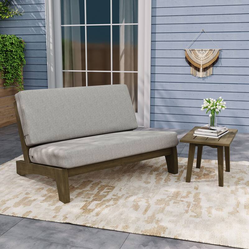Outdoor Sectional Furniture Teak Conversation Set with Side Table - Brown Wood - Light Camel/Loveseat Whole