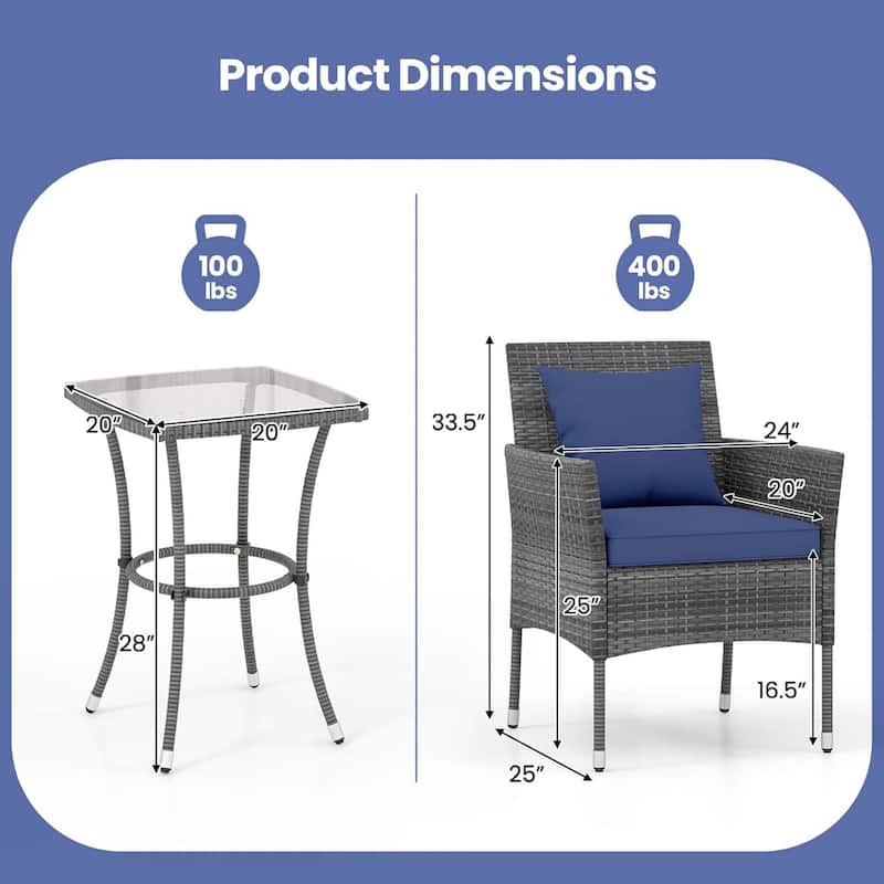 3PCS Patio Furniture Set Wicker Conversation Bistro Set w/Side Table