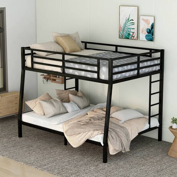 slide 2 of 9, Metal Bunk Bed Full XL over Queen Size with 2 Ladders, Heavy Duty Sturdy Bedframe with Safety Guardrails for Kids,Teens & Adults Black - Queen