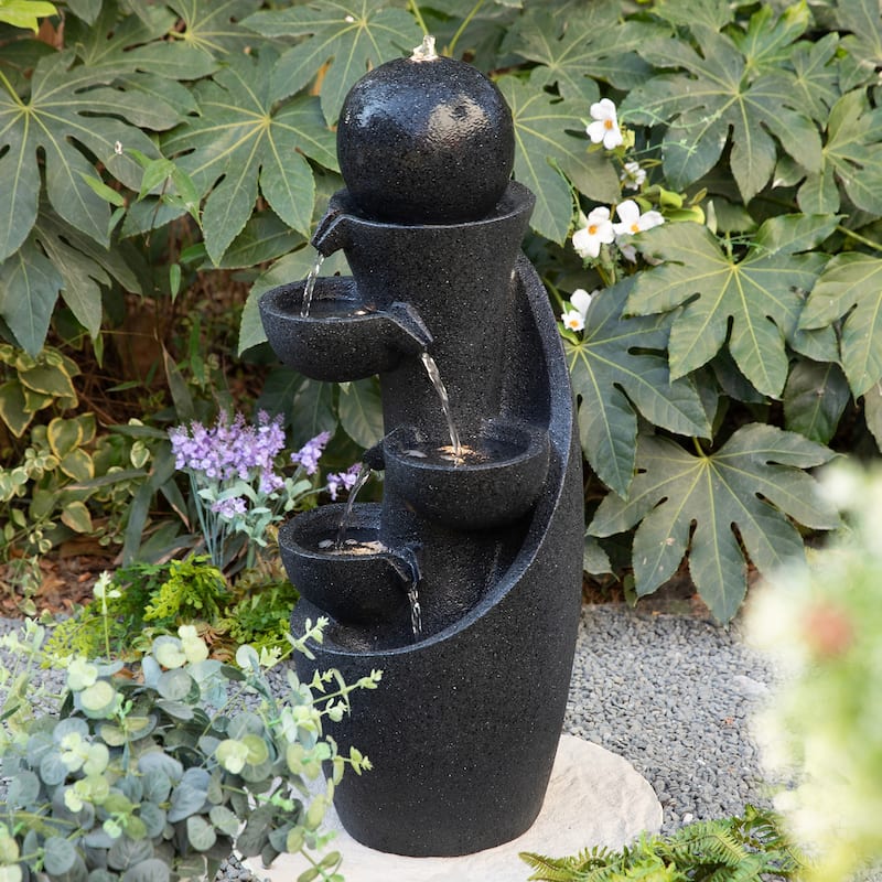 Glitzhome 33.5"H Modern 5-Tier Bowl and Sphere Polyresin Outdoor Fountain with Pump and LED Light