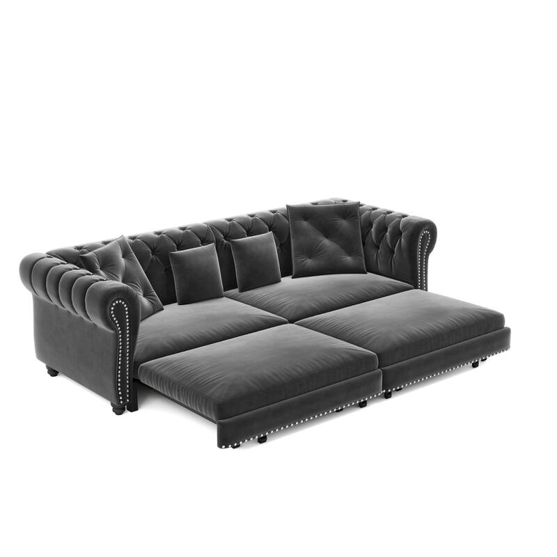 3-in-1 Convertible Pull-Out Sofa Bed w/ Movable Ottoman & 4 Pillows, Velvet Upholstered Rolled Arms Sleeper Couch for Apartment