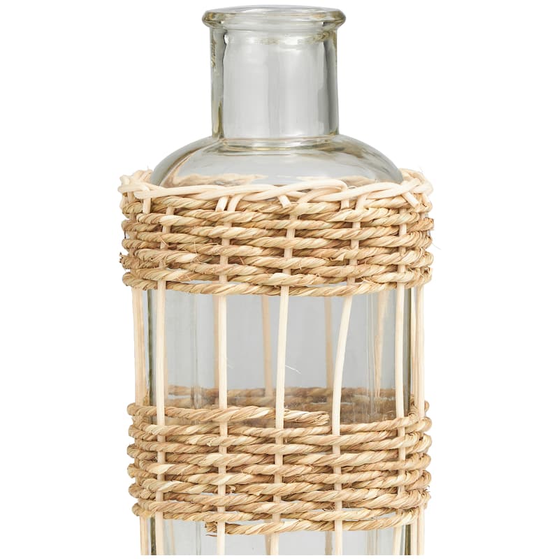 Handcrafted Clear Glass Vase with Light Brown Rattan Woven Body