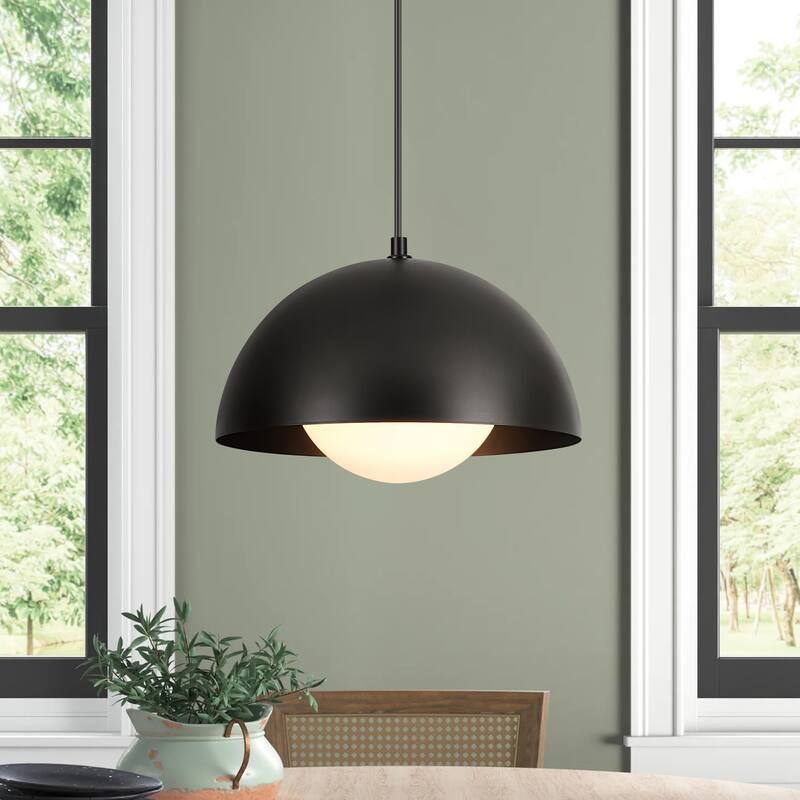1-Light 11.8" Modern Farmhouse Black Dome Frosted Glass Globe Pendant Light for Kitchen Island - 11.8 in. W x 9.84 in. H