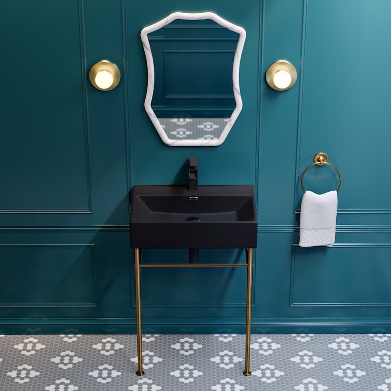 Reims 24 Ceramic Console Sink Matte Black Basin Brushed Gold Legs - 16.55" x 35.45" 24"