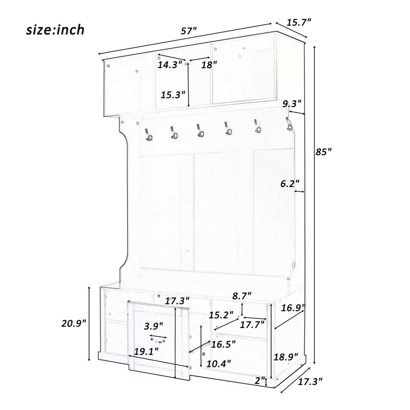 57" 3-in-1 Wood Coat Rack with 6 Hooks and Drawer