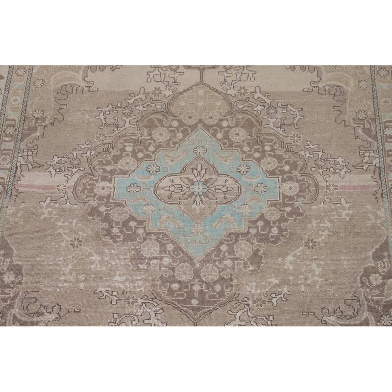 Distressed Beige Tabriz Persian Vintage Rug Handmade Wool Carpet - 6'5"x 9'7"