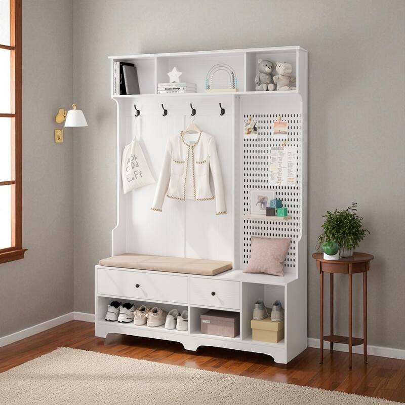 Modern Hall Tree with Removable Linen Cushion Bench, Coat Rack, Shelves & DIY Pegboard, 57.48 x 14.96 x 77.17 in