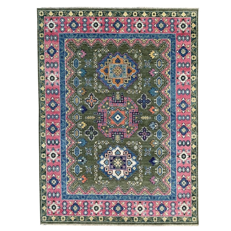 Green Light Fuchsia Hand Knotted Wool Traditional Rug 10' x 14' - Ornamental Medallion 0.5" Pile - N/A