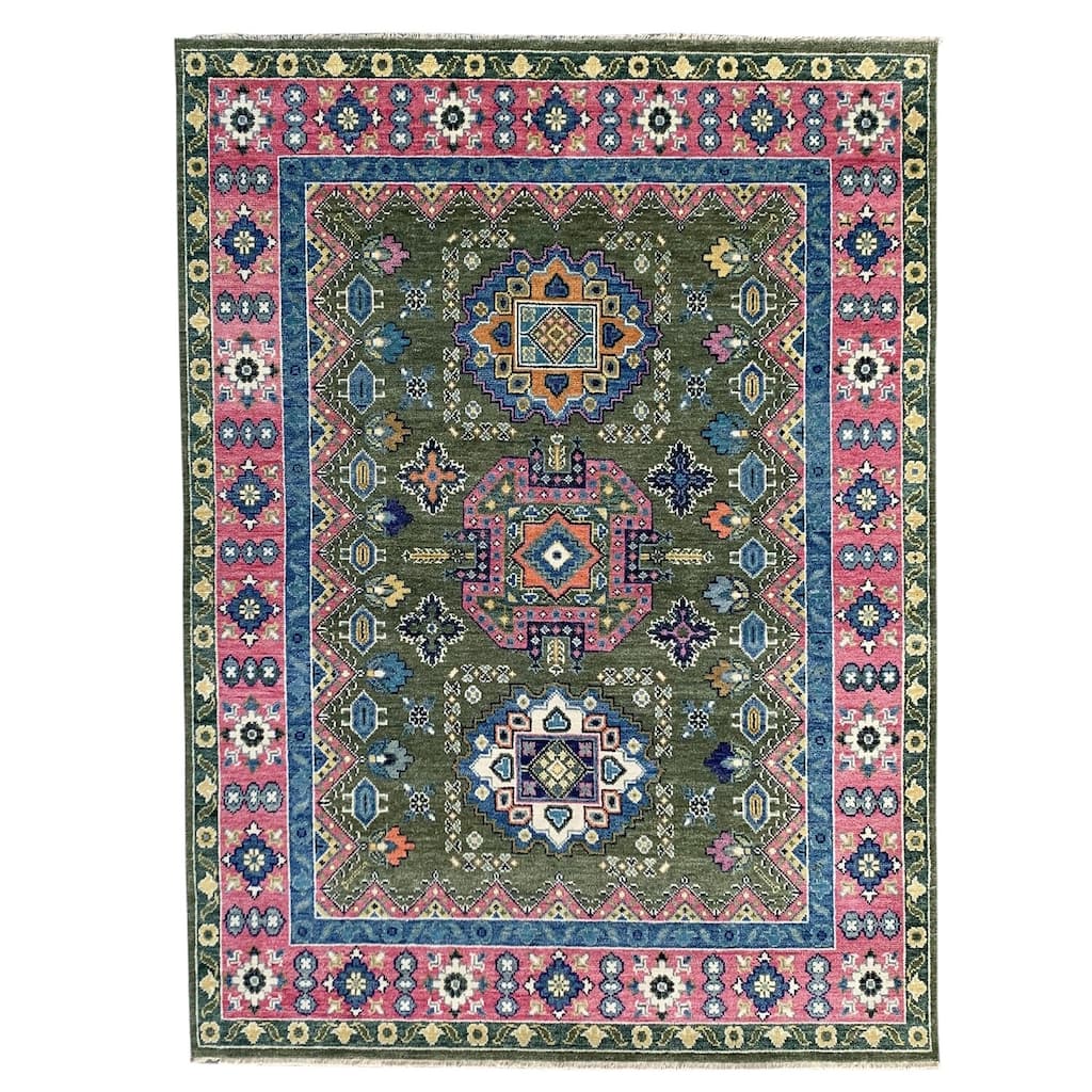 Green Light Fuchsia Hand Knotted Wool Traditional Rug 8' x 10' - Ornamental Medallion 0.5" Pile - N/A
