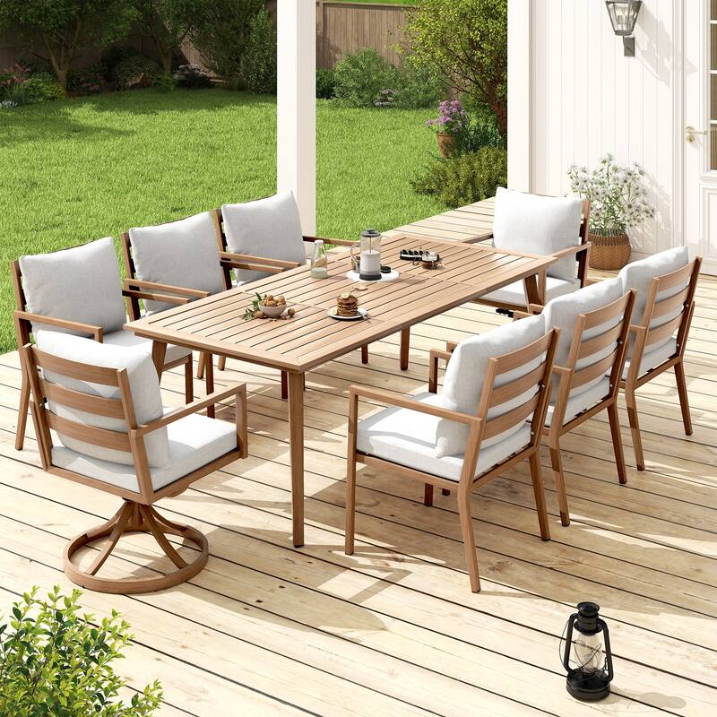Riviera 9-Piece Brown Aluminum Patio Dining Set with Rectangular Table, 2 Swivel Dining Chairs and Light Gray Cushions