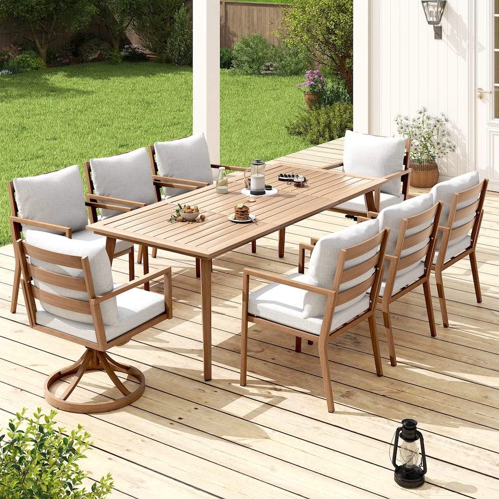 Riviera 9-Piece Brown Aluminum Patio Dining Set with Rectangular Table, 2 Swivel Dining Chairs and Light Gray Cushions