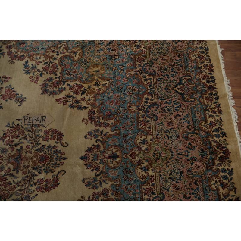 Hand Knotted Oriental 100% Wool Carpet Traditional Floral Beige & Ivories Kerman Area Rug - 20' 2'' X 11' 7''