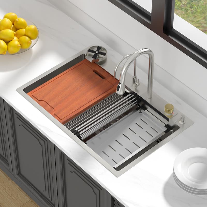 33x22 in. Fly Rain Drop in Kitchen Sink Single Bowl Waterfall Workstation Kitchen Basin with Faucet