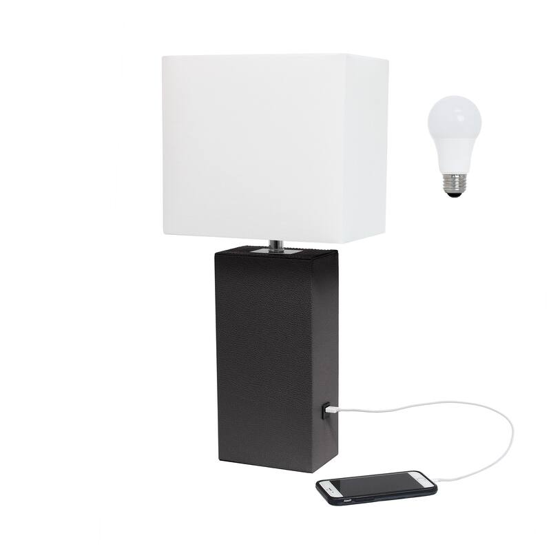 Elegant Designs 21" Modern Leather Wrapped Table Lamp with USB Port, With LED Bulb - White Shade/Brown Base