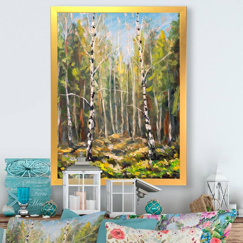 Designart "Green Forest Wood Landscape" Traditional Framed Wall Art - 12 In. Wide x 20 In. High - Gold