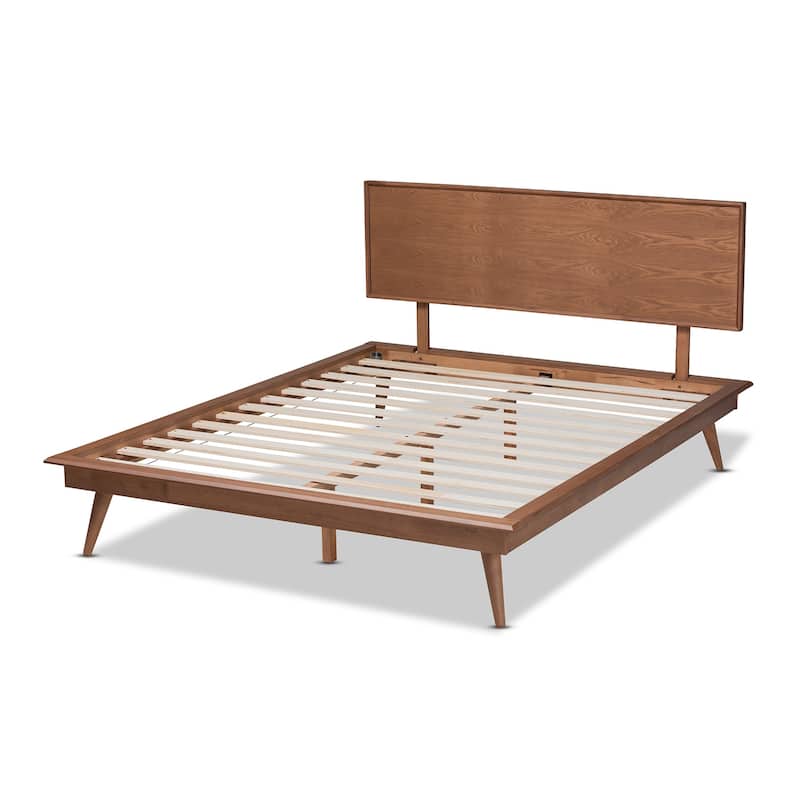 King Size Platform Bed Wood Frame - Mid Century Modern Design, Sturdy Headboard & Slats Included