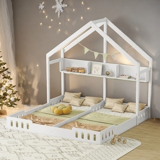 Kids and Baby Twin Size Platform Beds,2 Shared Beds With Shelves And Guardrail