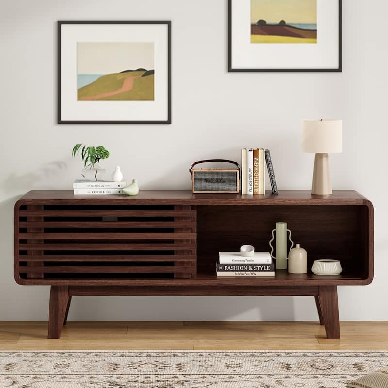 Mid-Century Modern TV Stand for TV Up to 59" with Sliding Slatted Door
