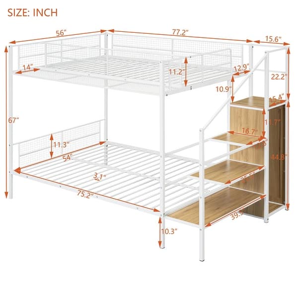 Twin Over Full Metal Bunk Bed w/Shelving & Storage Ladder and Wardrobe