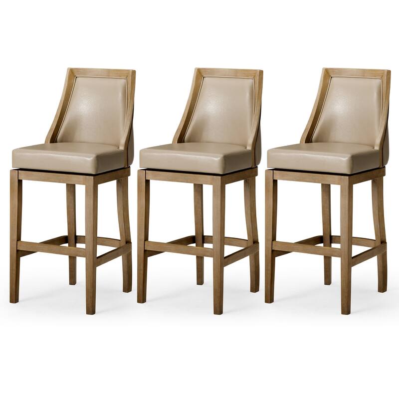 Maven Lane Vienna Swivel Kitchen Stool - Set of 3 - Weathered Oak Vegan Leather - Bar Height