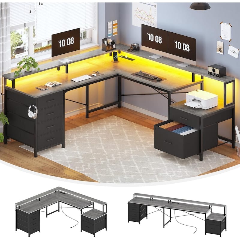 L Shaped Home Office Desk with 6 Drawer File Drawer Power Outlet - Grey