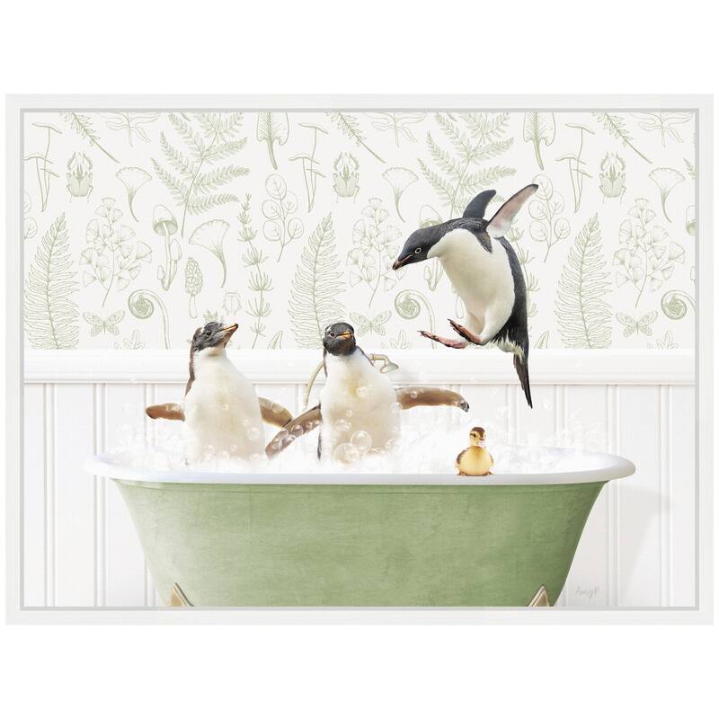 Kate and Laurel Sylvie Penguins in Fern Bath Framed Canvas by Amy Peterson